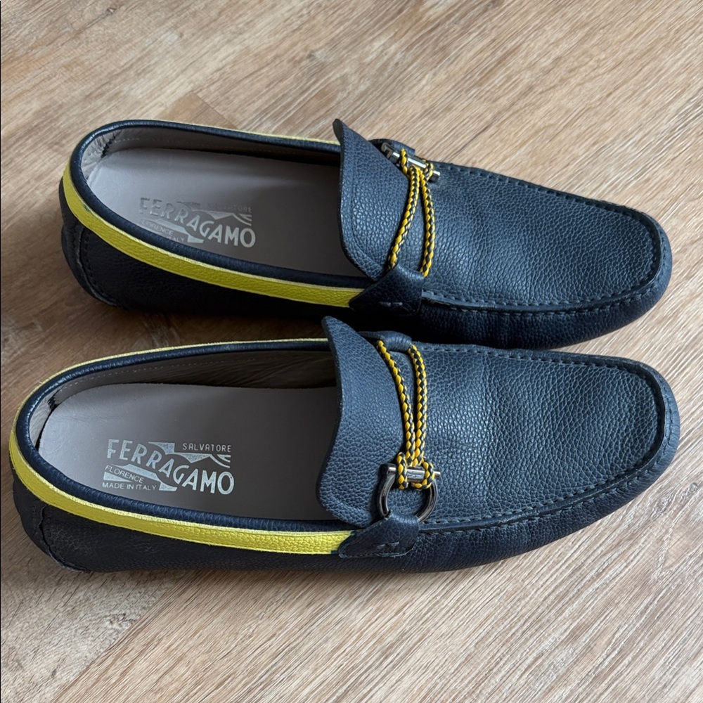 Salvatore Ferragamo Men's Front 4 Driving Loafers in Blue with Yellow Accent